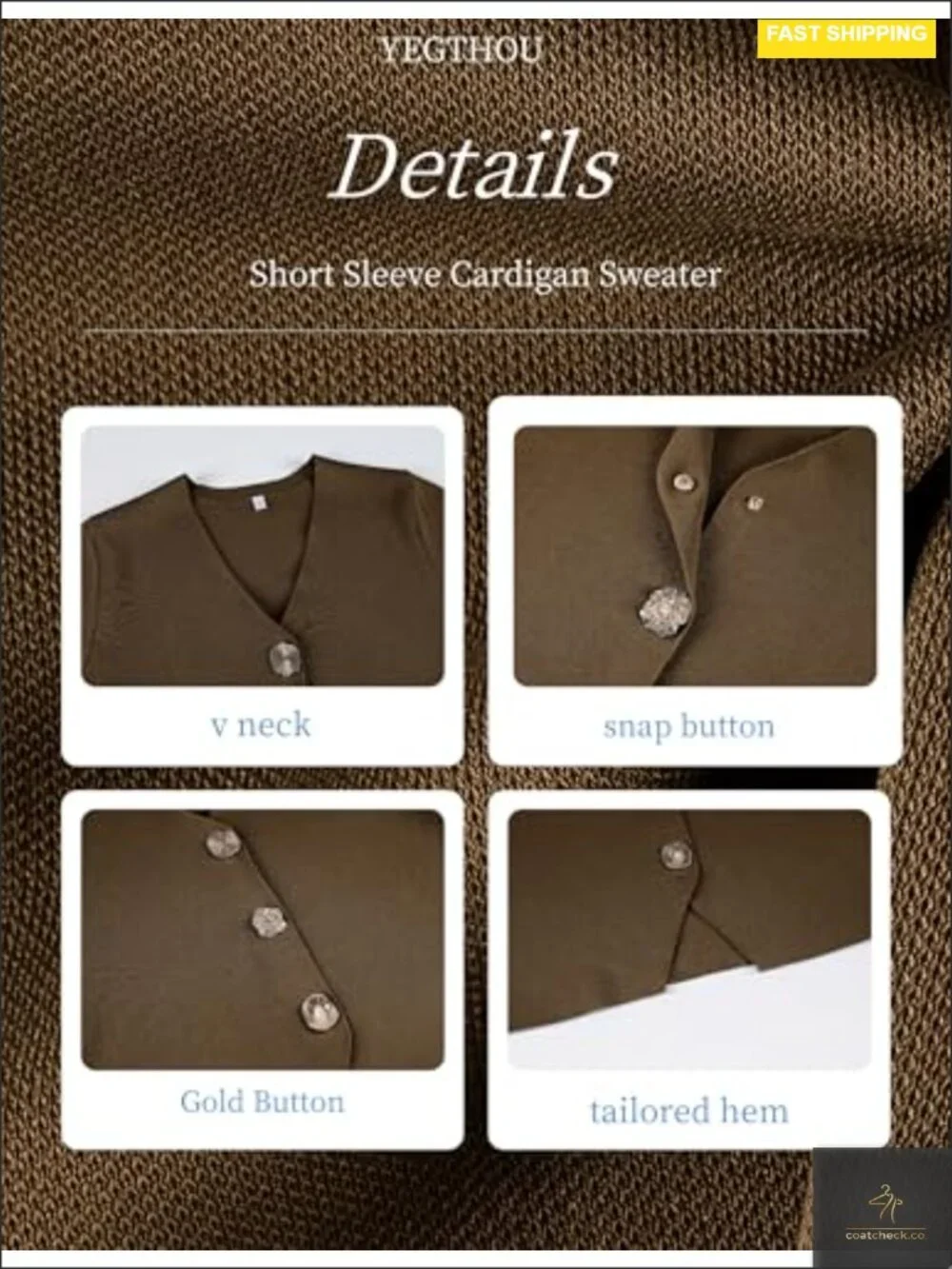 Short Sleeve V-Neck Cardigan Sweater with Gold Buttons